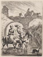 KG 15848a
<br/>
Vrouw op ezel en man op paard voor stenen brug
<br/>
<em>Jonghe, Clement de (1624/25-1677)</em>